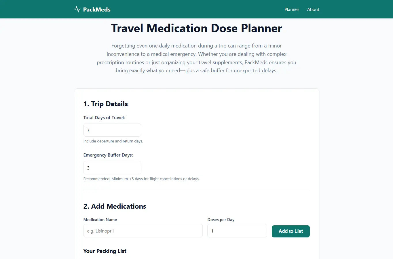 Screenshot of PackMeds: Travel Dose Planner interface showing the project page in use